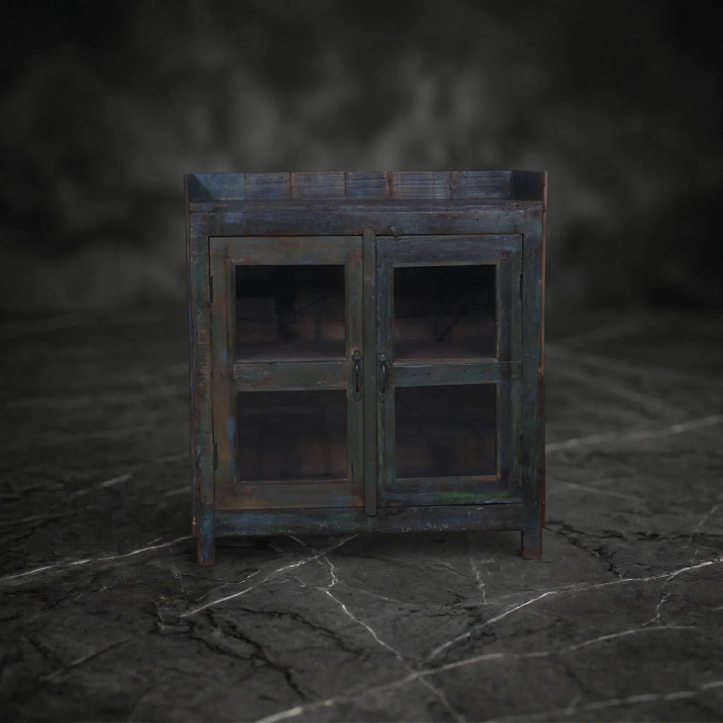 Distressed Blue Glazed Wooden Display Cabinet