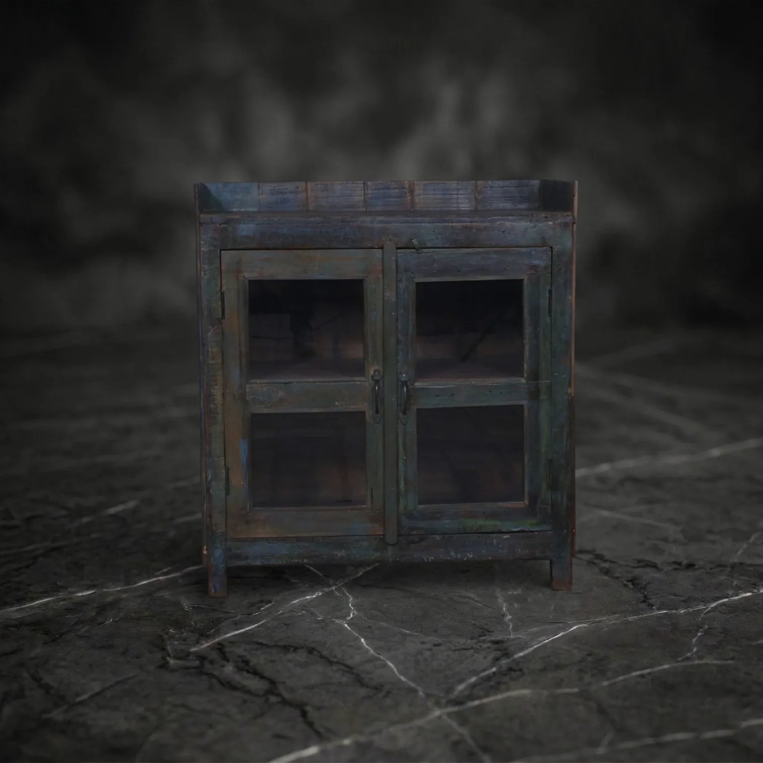Distressed Blue Glazed Wooden Display Cabinet