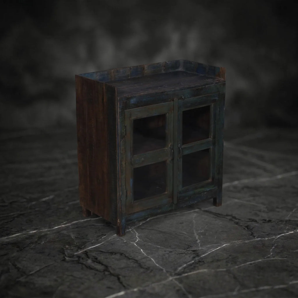 Distressed Blue Glazed Wooden Display Cabinet