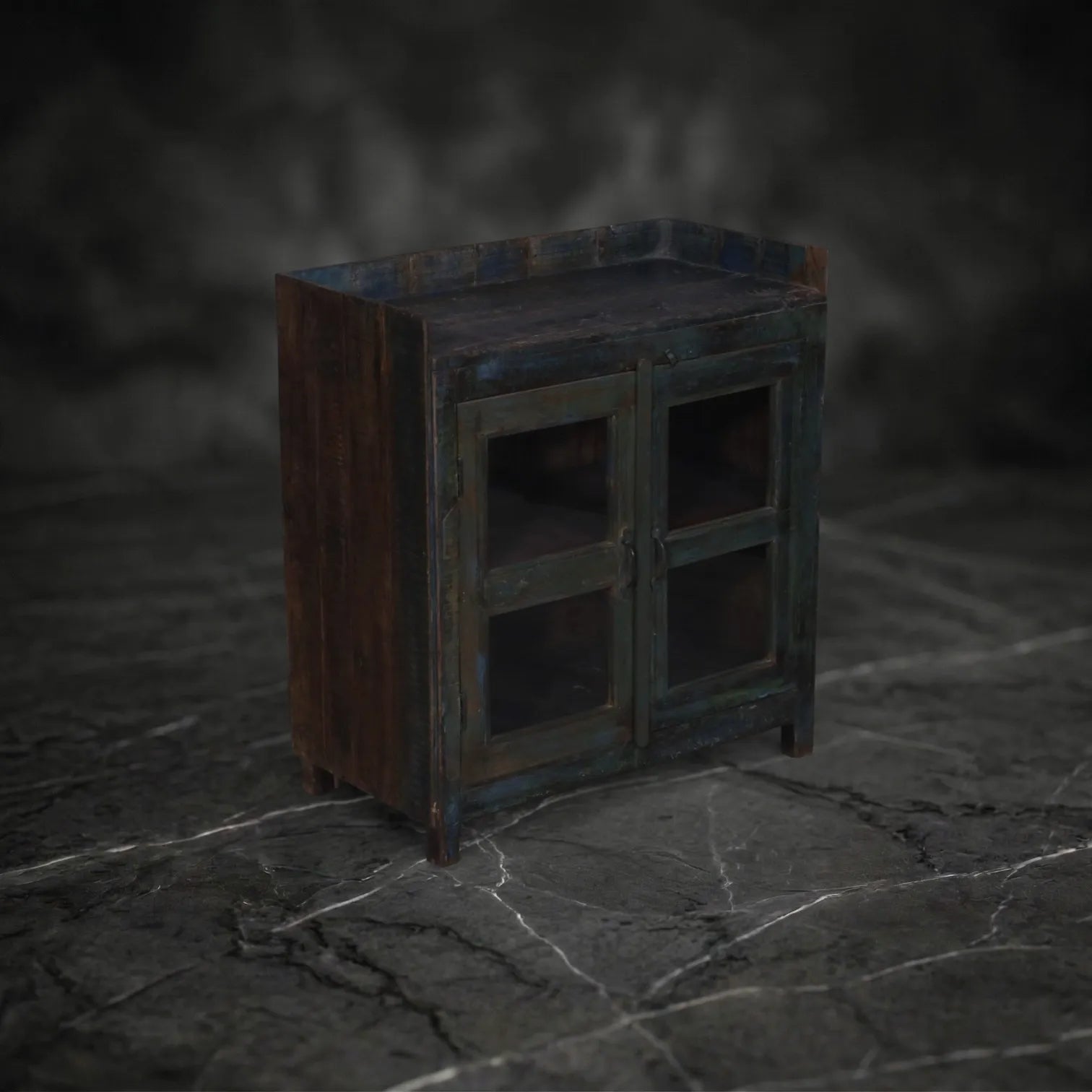 Distressed Blue Glazed Wooden Display Cabinet
