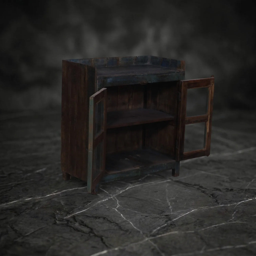 Distressed Blue Glazed Wooden Display Cabinet
