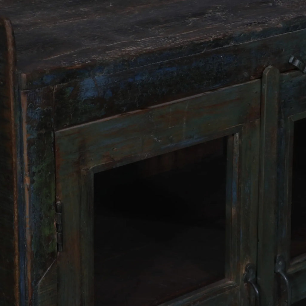 Distressed Blue Glazed Wooden Display Cabinet