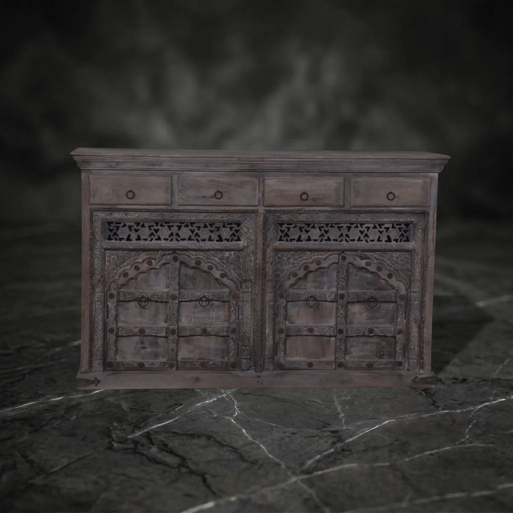 Hand-Carved Wooden Sideboard with Lattice Fretwork