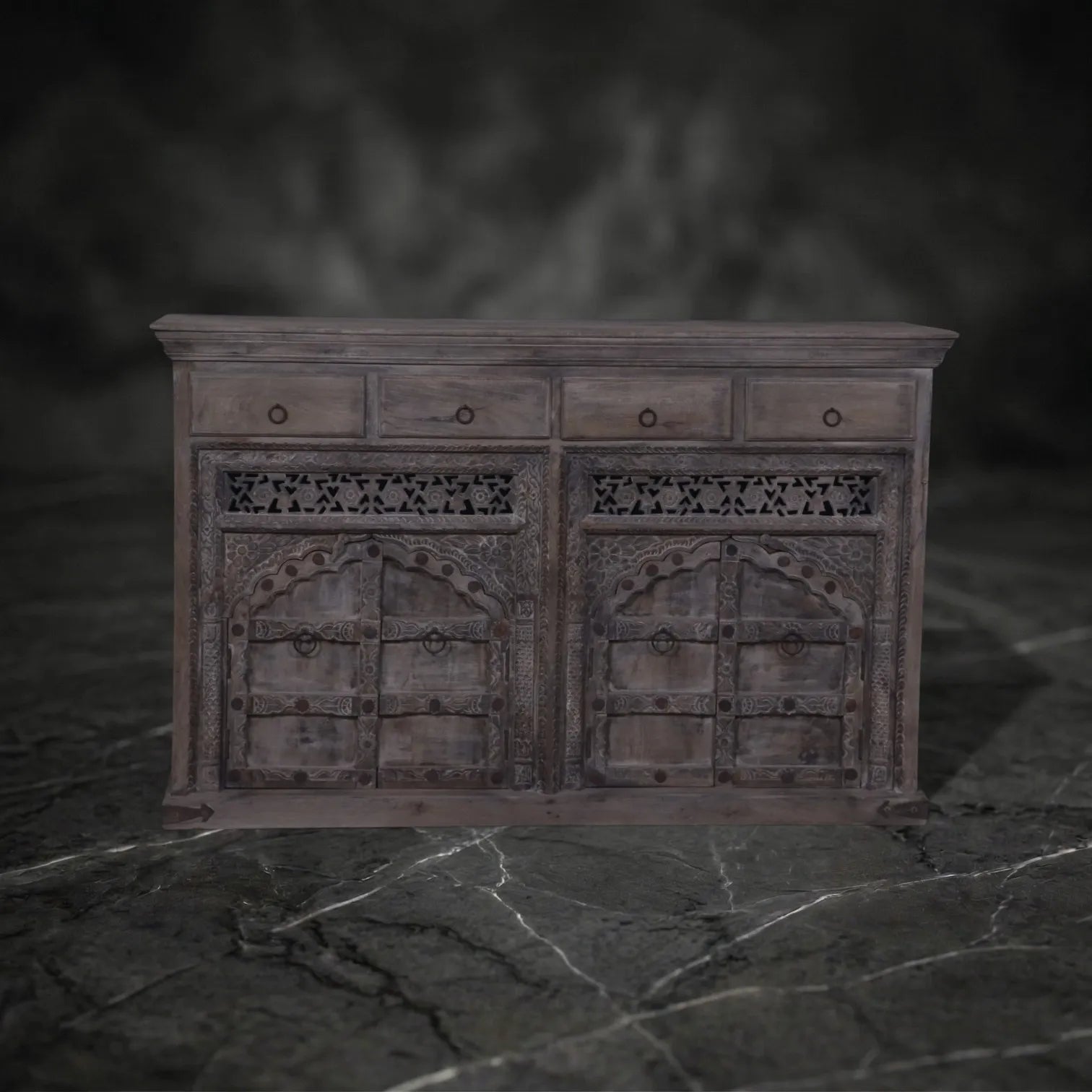 Hand-Carved Wooden Sideboard with Lattice Fretwork