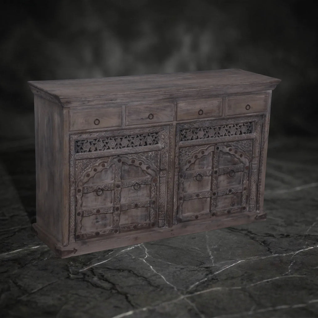 Hand-Carved Wooden Sideboard with Lattice Fretwork