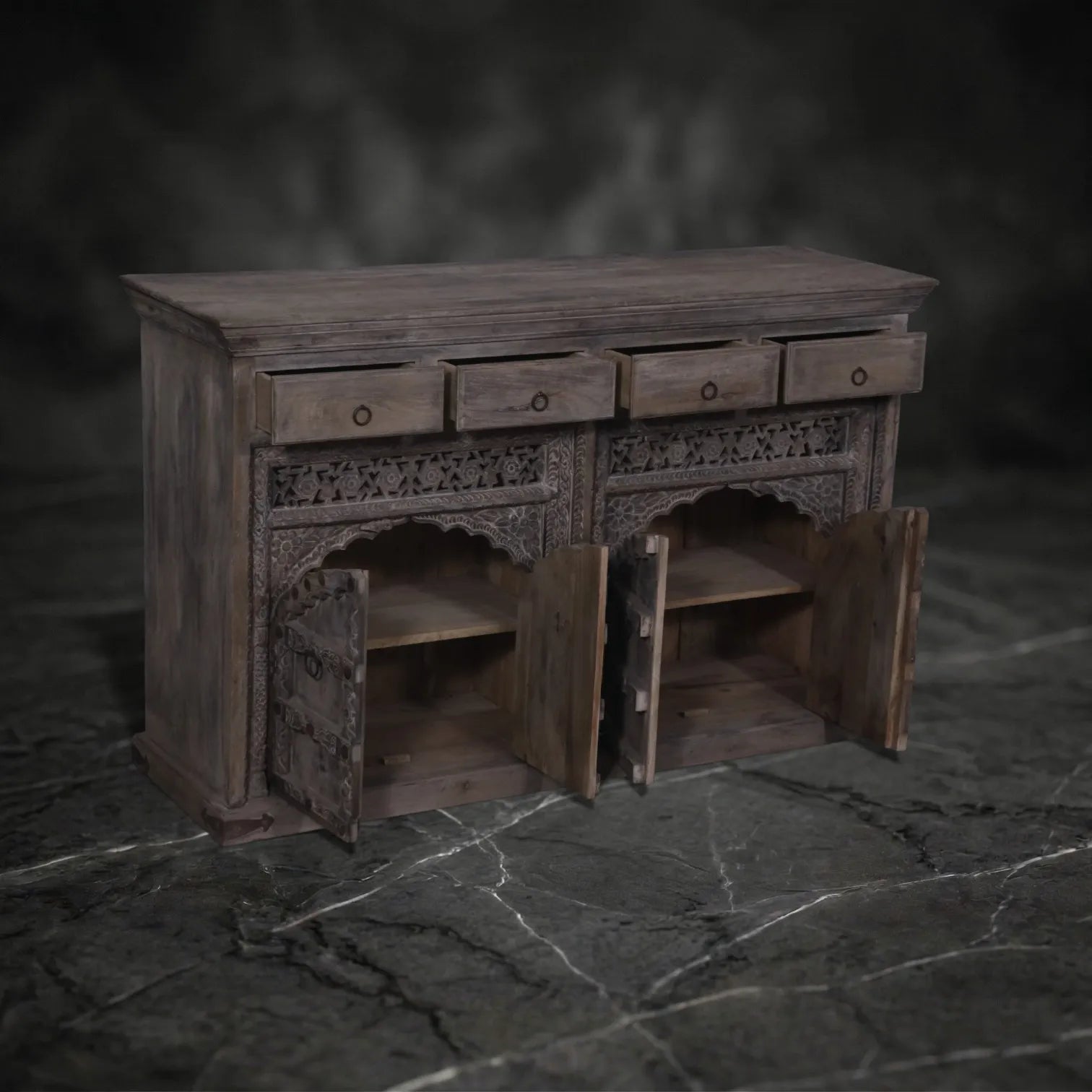 Hand-Carved Wooden Sideboard with Lattice Fretwork