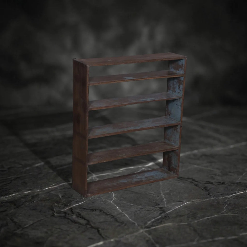 Vintage Industrial Wood & Blue Pigment Open Bookshelf