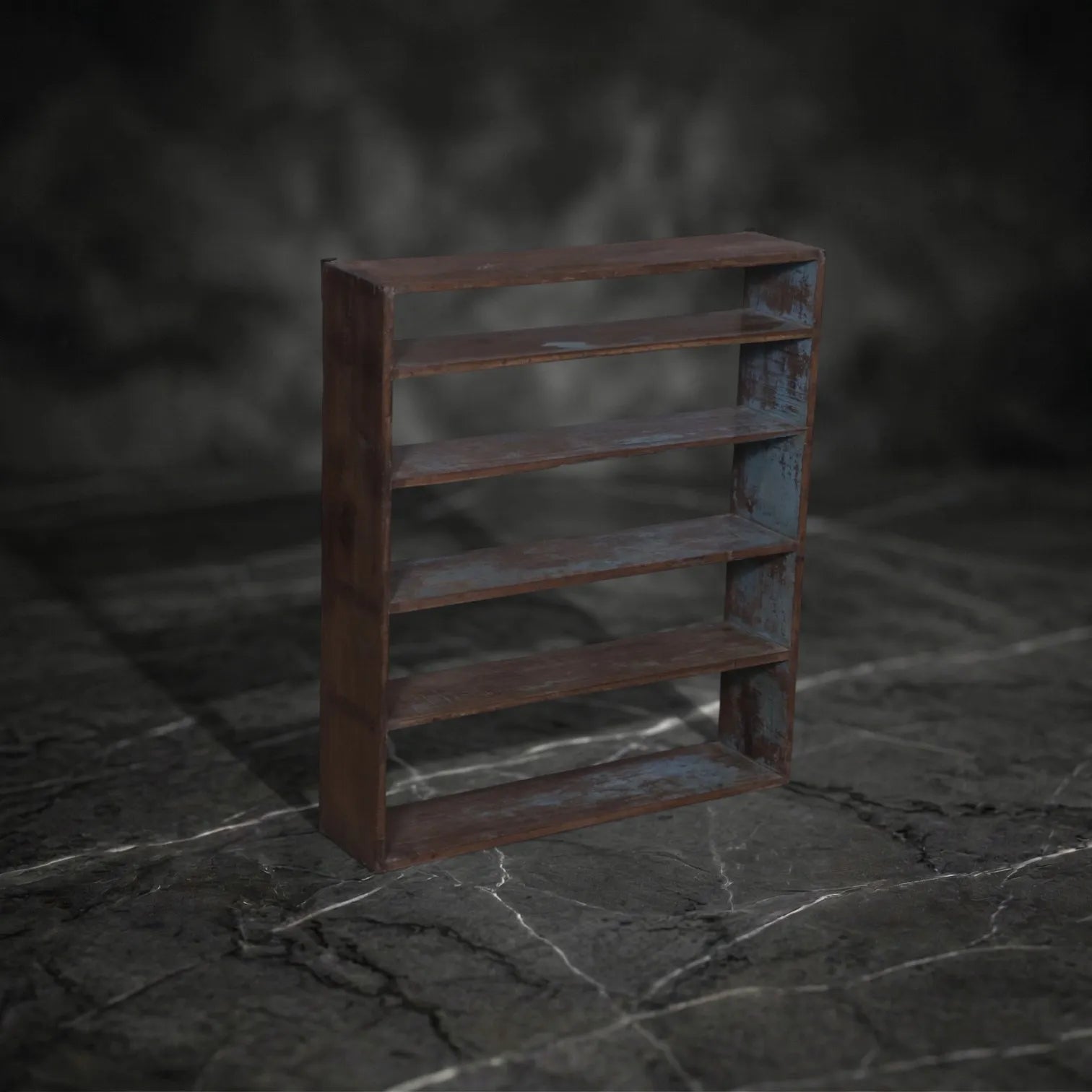 Vintage Industrial Wood & Blue Pigment Open Bookshelf